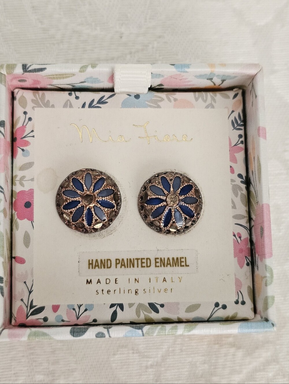 Mia Fiore Sterling Silver Blue Enamel Floral Stud Earrings, Italy, New in Box!